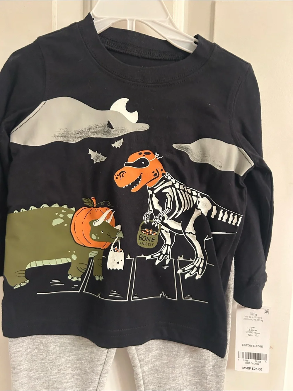NWT-Carter's Black Halloween Dino Long Sleeve Tee With Gray Sweatpants
